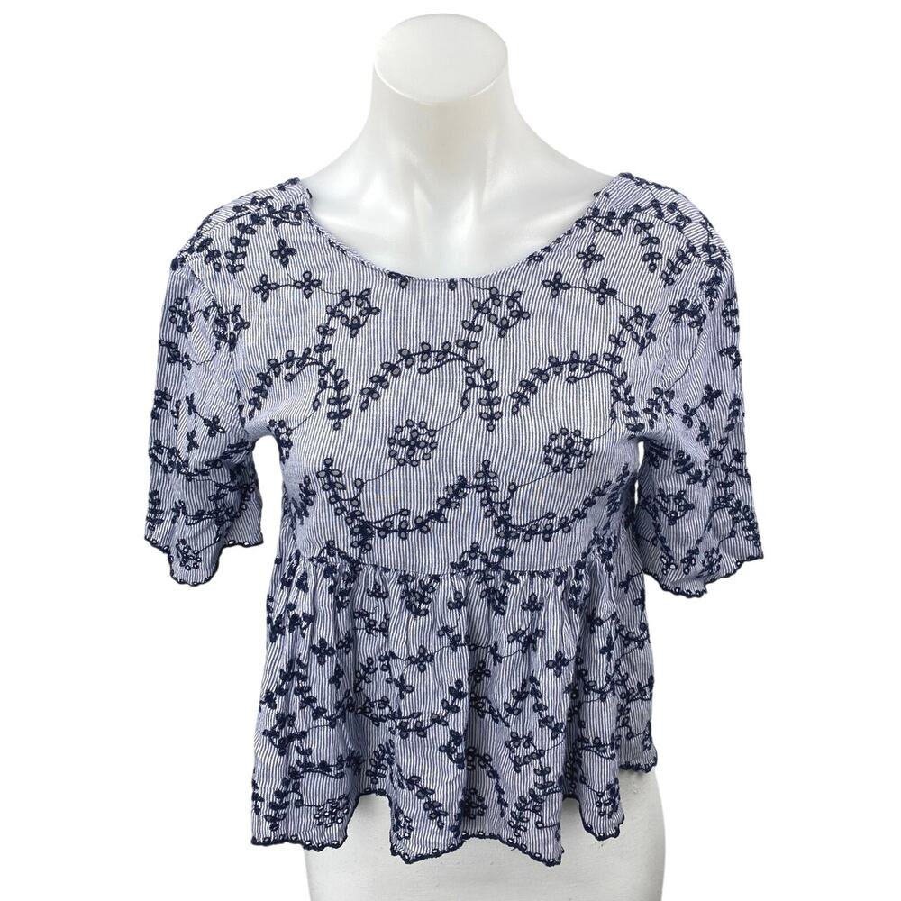 Zara Blue Floral Embroidered Striped Tassel Short Sleeve Babydoll Blouse Top S